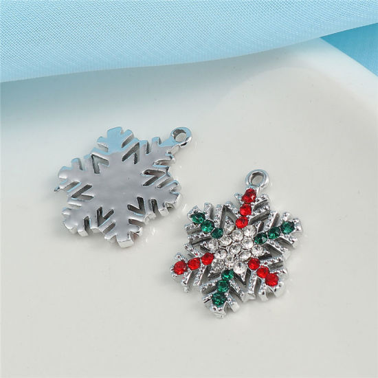 Picture of Zinc Based Alloy Charms Christmas Snowflake Gold Plated Multicolor Rhinestone 24mm(1") x 19mm( 6/8"), 5 PCs