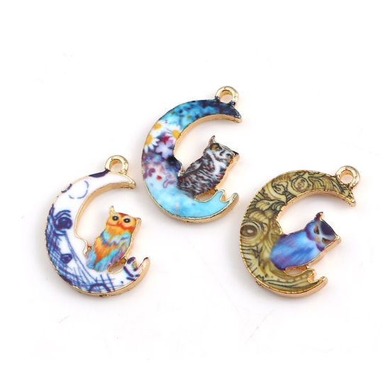 Picture of Zinc Based Alloy Charms Half Moon Gold Plated Multicolor Owl Enamel 20mm( 6/8") x 14mm( 4/8"), 10 PCs
