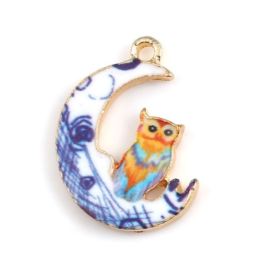 Picture of Zinc Based Alloy Charms Half Moon Gold Plated Multicolor Owl Enamel 20mm( 6/8") x 14mm( 4/8"), 10 PCs