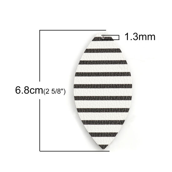 Image de Pendentifs en PU Feuille Noir & Blanc Rayées 68mm x 33mm, 50 Pcs