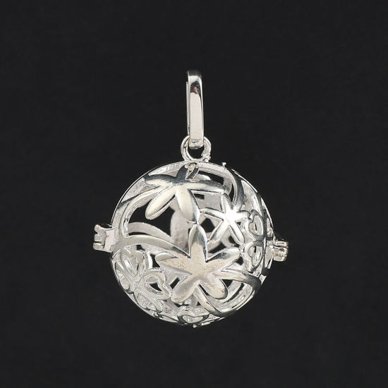 Picture of Zinc Based Alloy Pendants Mexican Angel Caller Bola Harmony Ball Wish Box Locket Flower Silver Plated Can Open (Fits 18mm Beads) 34mm(1 3/8") x 26mm(1"), 30 PCs