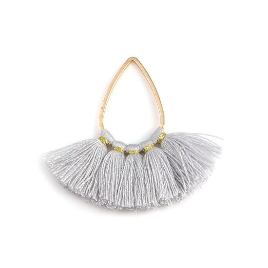 Picture of Zinc Based Alloy & Cotton Tassel Pendants Fan-shaped Gold Plated Gray 37mm(1 4/8") x 35mm(1 3/8"), 5 PCs