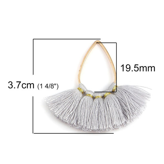 Picture of Zinc Based Alloy & Cotton Tassel Pendants Fan-shaped Gold Plated Gray 37mm(1 4/8") x 35mm(1 3/8"), 5 PCs