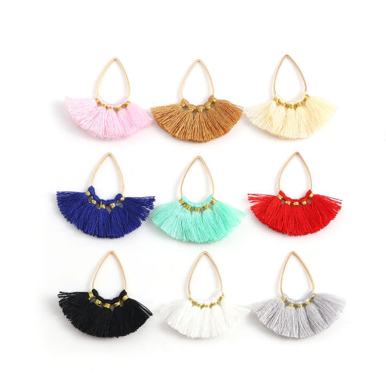 Picture of Zinc Based Alloy & Cotton Tassel Pendants Fan-shaped Gold Plated Gray 37mm(1 4/8") x 35mm(1 3/8"), 5 PCs