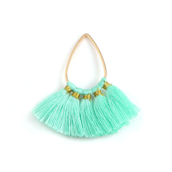 Picture of Zinc Based Alloy & Cotton Tassel Pendants Fan-shaped Gold Plated Light Green 37mm(1 4/8") x 35mm(1 3/8"), 5 PCs