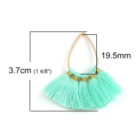 Picture of Zinc Based Alloy & Cotton Tassel Pendants Fan-shaped Gold Plated Light Green 37mm(1 4/8") x 35mm(1 3/8"), 5 PCs