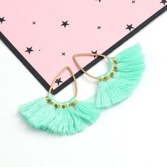Picture of Zinc Based Alloy & Cotton Tassel Pendants Fan-shaped Gold Plated Light Green 37mm(1 4/8") x 35mm(1 3/8"), 5 PCs