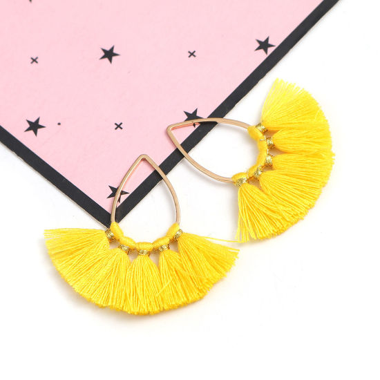 Picture of Zinc Based Alloy & Cotton Tassel Pendants Fan-shaped Gold Plated Yellow 37mm(1 4/8") x 35mm(1 3/8"), 5 PCs