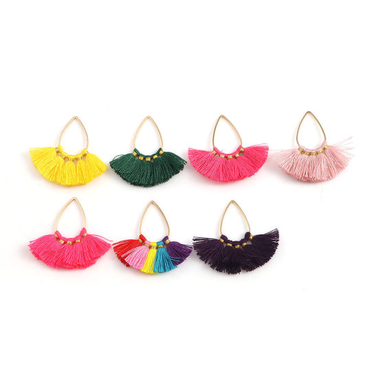 Picture of Zinc Based Alloy & Cotton Tassel Pendants Fan-shaped Gold Plated Yellow 37mm(1 4/8") x 35mm(1 3/8"), 5 PCs