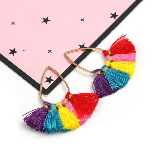 Picture of Zinc Based Alloy & Cotton Tassel Pendants Fan-shaped Gold Plated Multicolor 37mm(1 4/8") x 35mm(1 3/8"), 5 PCs