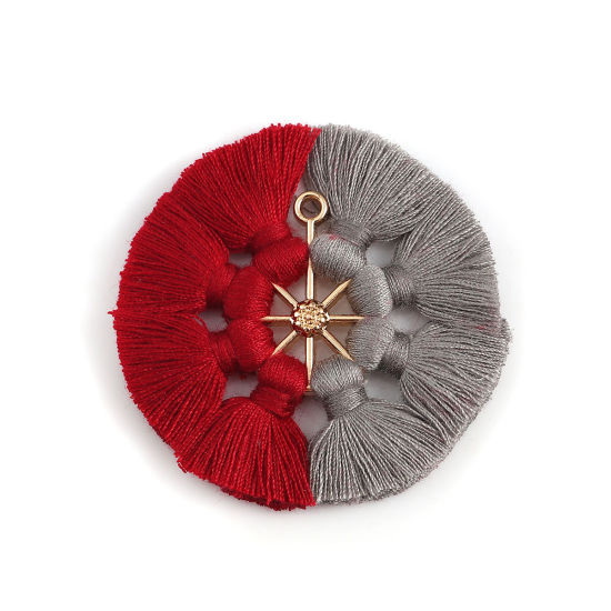 Immagine di Poliestere Nappine Ciondoli Tondo Oro Placcato Rosso Scuro 5.3cm, 2 Pz