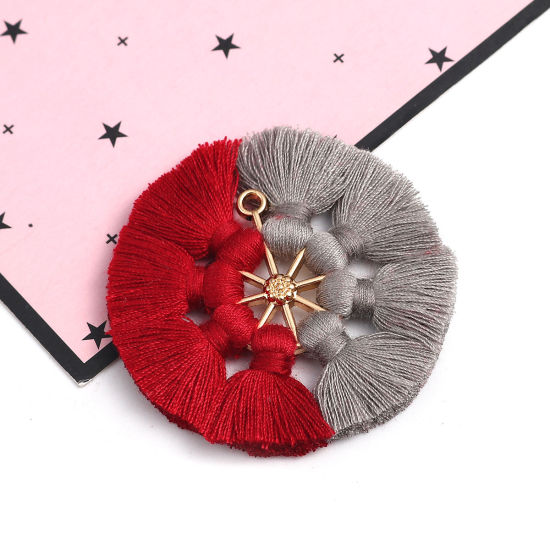 Immagine di Poliestere Nappine Ciondoli Tondo Oro Placcato Rosso Scuro 5.3cm, 2 Pz