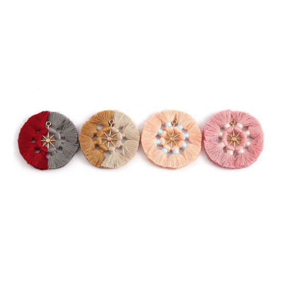 Immagine di Poliestere Nappine Ciondoli Tondo Oro Placcato Rosso Scuro 5.3cm, 2 Pz