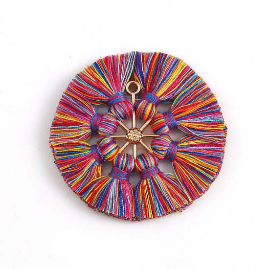 Immagine di Poliestere Nappine Ciondoli Tondo Oro Placcato Multicolore 5.3cm, 2 Pz