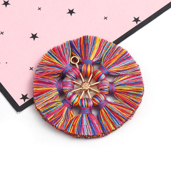 Immagine di Poliestere Nappine Ciondoli Tondo Oro Placcato Multicolore 5.3cm, 2 Pz