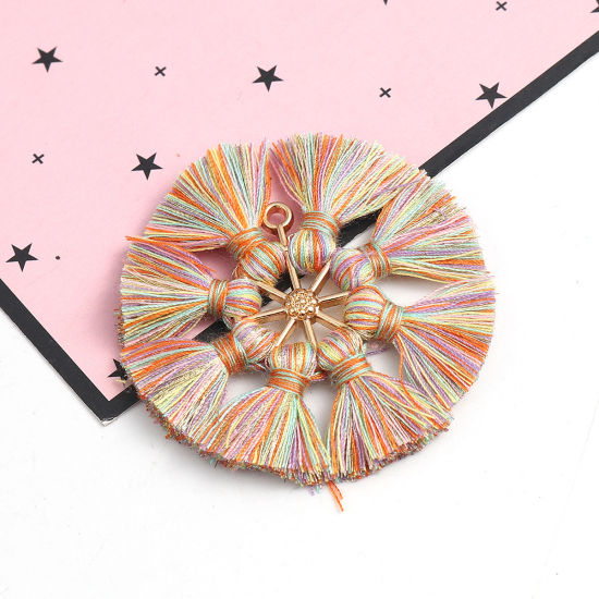 Immagine di Poliestere Nappine Ciondoli Tondo Oro Placcato Multicolore 5.3cm, 2 Pz