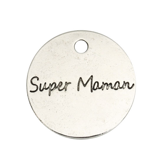 Image de Breloques en Alliage de Zinc Rond Argent Vieilli Gravé Mots " Super Maman " 20mm Dia, 10 Pcs