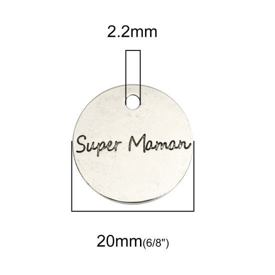 Image de Breloques en Alliage de Zinc Rond Argent Vieilli Gravé Mots " Super Maman " 20mm Dia, 10 Pcs