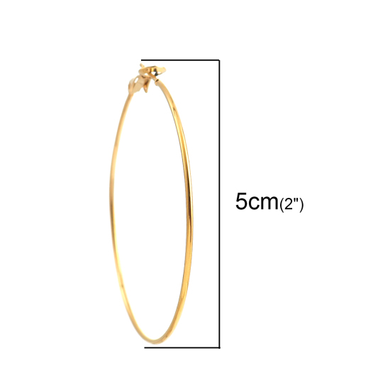 Imagen de 316 Acero Inoxidable Pendientes Círculos Chapado en Oro Anillo 50mm Dia., Post/ Wire Size: (20 gauge), 1 Par”