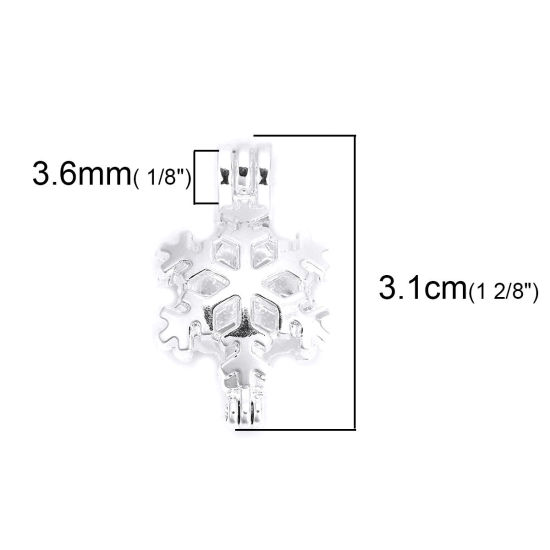 Image de Pendentifs Médaillon Porte Perle de Vœux en Alliage de Zinc Flocon de Neige de Noël Argenté Pouvoir Ouvrir (Apparié à Perle: 8mm) 31mm x 19mm, 3 Pcs