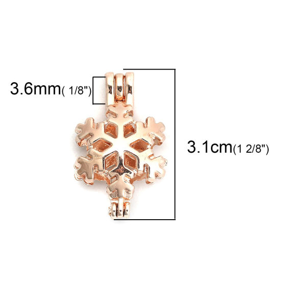 Bild von Zinklegierung Wunsch Perlenkäfig Schmuck Anhänger Weihnachten Schneeflocke Rosegold Zum Öffnen (Für Perlengröße: 8mm) 31mm x 19mm, 3 Stück