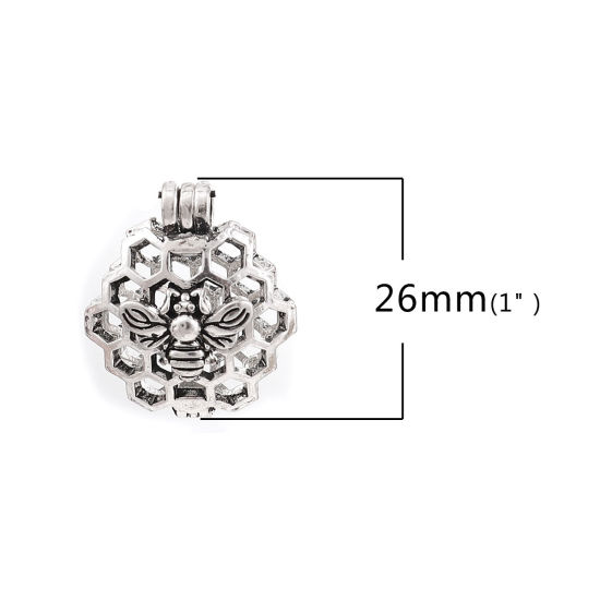 Image de Pendentifs Médaillon Porte Perle de Vœux en Alliage de Zinc Alvéole d'Abeille Abeille Argent Vieilli Pouvoir Ouvrir (Apparié à Perle: 8mm) 26mm x 22mm, 3 Pcs