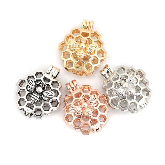 Image de Pendentifs Médaillon Porte Perle de Vœux en Alliage de Zinc Alvéole d'Abeille Abeille Argent Vieilli Pouvoir Ouvrir (Apparié à Perle: 8mm) 26mm x 22mm, 3 Pcs