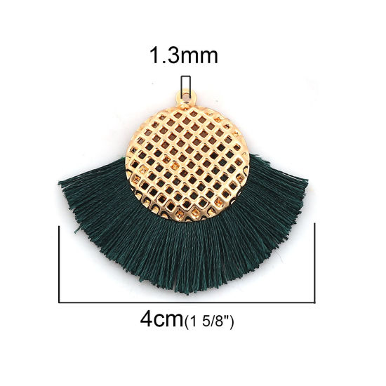 Image de Pendentifs Franges en Polyester Rond Doré Vert Foncé 40mm x 33mm, 3 Pcs