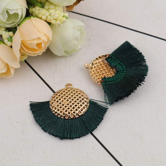 Image de Pendentifs Franges en Polyester Rond Doré Vert Foncé 40mm x 33mm, 3 Pcs