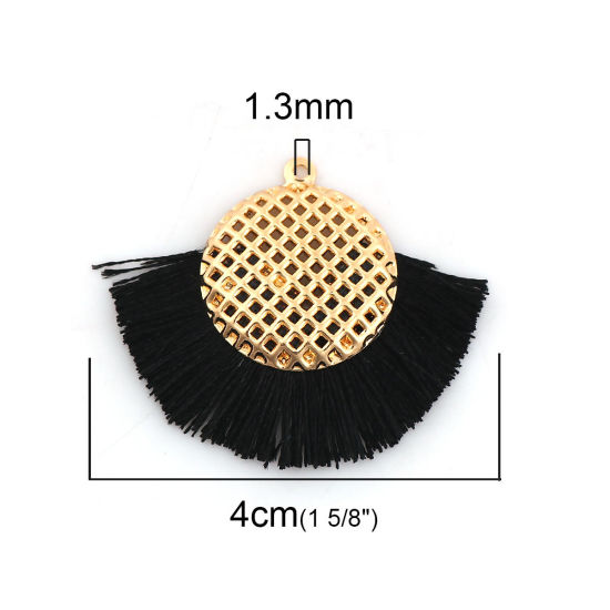 Image de Pendentifs Franges en Polyester Rond Doré Noir 40mm x 33mm, 3 Pcs