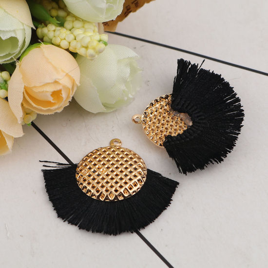 Image de Pendentifs Franges en Polyester Rond Doré Noir 40mm x 33mm, 3 Pcs