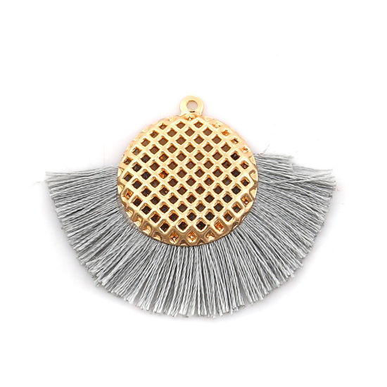 Picture of Polyester Tassel Pendants Round Gold Plated Gray 40mm(1 5/8") x 33mm(1 2/8"), 3 PCs