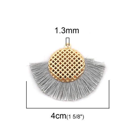 Image de Pendentifs Franges en Polyester Rond Doré Gris 40mm x 33mm, 3 Pcs