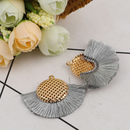 Image de Pendentifs Franges en Polyester Rond Doré Gris 40mm x 33mm, 3 Pcs