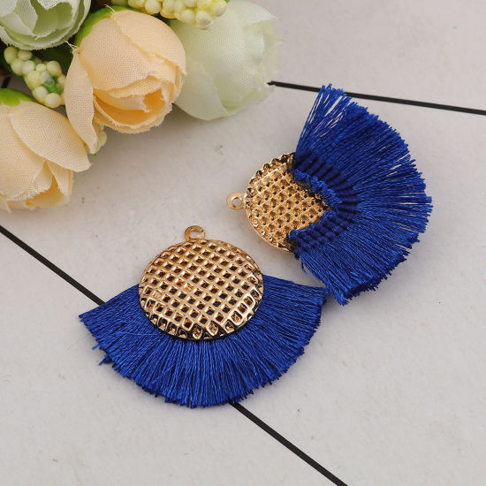 Image de Pendentifs Franges en Polyester Rond Doré Saphir 40mm x 33mm, 3 Pcs