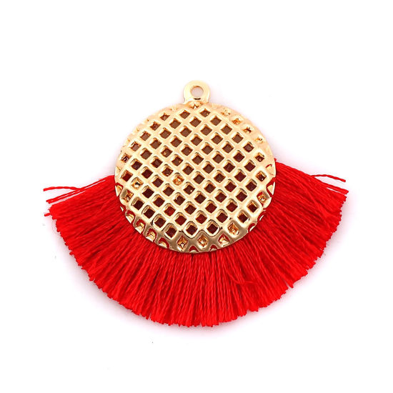 Image de Pendentifs Franges en Polyester Rond Doré Rouge 40mm x 33mm, 3 Pcs