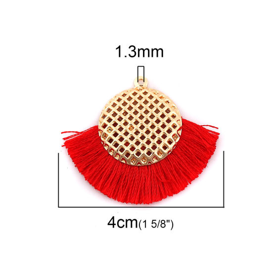 Image de Pendentifs Franges en Polyester Rond Doré Rouge 40mm x 33mm, 3 Pcs