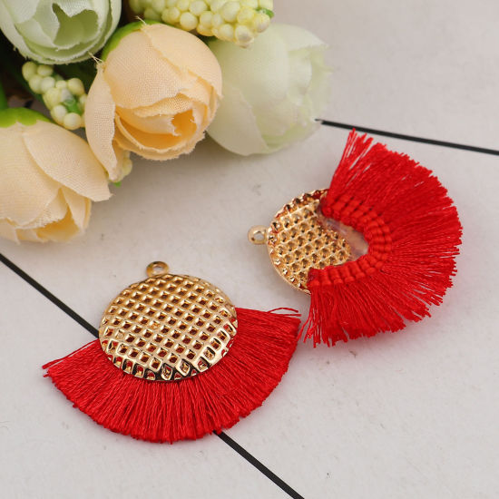 Image de Pendentifs Franges en Polyester Rond Doré Rouge 40mm x 33mm, 3 Pcs