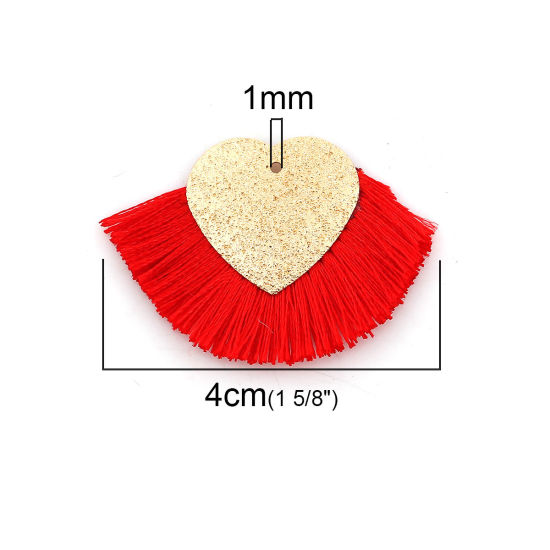 Immagine di Poliestere Nappine Ciondoli Cuore Oro Placcato Rosso Polvere di Stelle 40mm x 25mm, 3 Pz