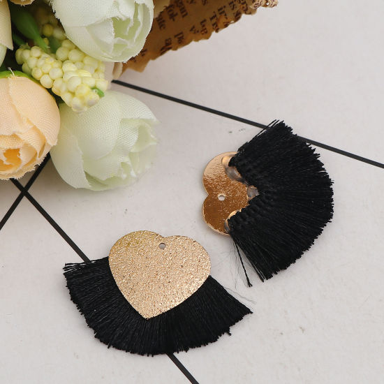 Immagine di Poliestere Nappine Ciondoli Cuore Oro Placcato Nero Polvere di Stelle 40mm x 25mm, 3 Pz