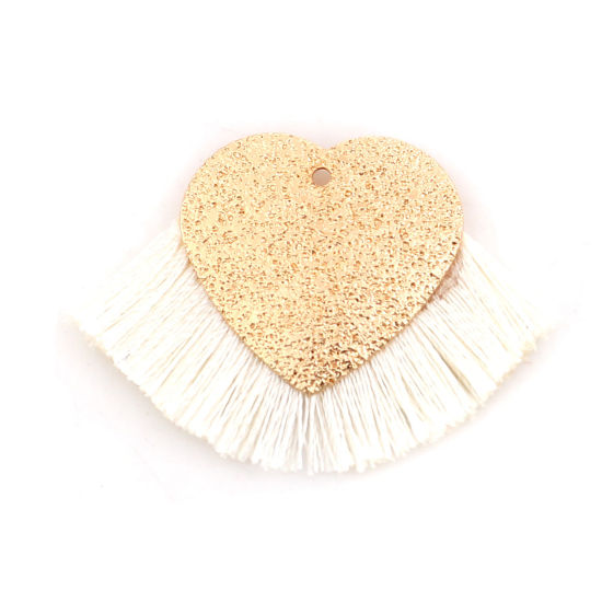 Immagine di Poliestere Nappine Ciondoli Cuore Oro Placcato Bianco Polvere di Stelle 40mm x 25mm, 3 Pz