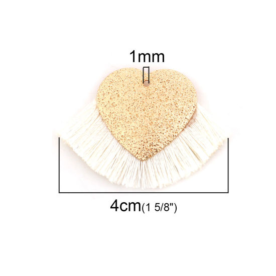 Immagine di Poliestere Nappine Ciondoli Cuore Oro Placcato Bianco Polvere di Stelle 40mm x 25mm, 3 Pz