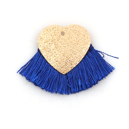 Picture of Polyester Tassel Pendants Heart Gold Plated Royal Blue Sparkledust 40mm(1 5/8") x 25mm(1"), 3 PCs