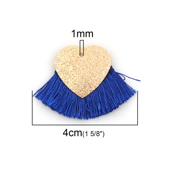 Immagine di Poliestere Nappine Ciondoli Cuore Oro Placcato Blu Marino Polvere di Stelle 40mm x 25mm, 3 Pz