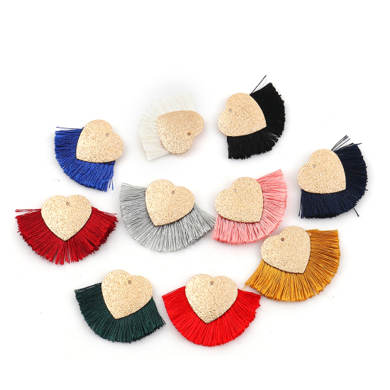 Immagine di Poliestere Nappine Ciondoli Cuore Oro Placcato Blu Marino Polvere di Stelle 40mm x 25mm, 3 Pz