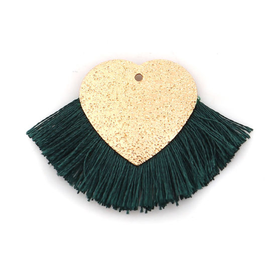 Immagine di Poliestere Nappine Ciondoli Cuore Oro Placcato Verde Scuro Polvere di Stelle 40mm x 25mm, 3 Pz