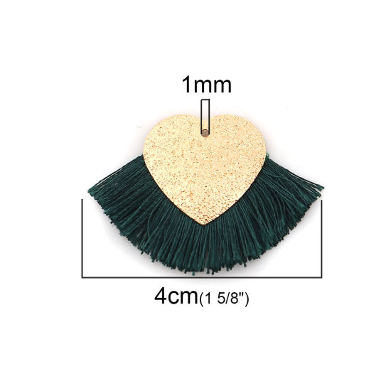 Immagine di Poliestere Nappine Ciondoli Cuore Oro Placcato Verde Scuro Polvere di Stelle 40mm x 25mm, 3 Pz