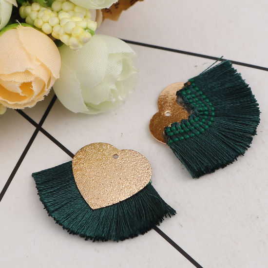 Immagine di Poliestere Nappine Ciondoli Cuore Oro Placcato Verde Scuro Polvere di Stelle 40mm x 25mm, 3 Pz