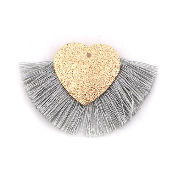 Picture of Polyester Tassel Pendants Heart Gold Plated Gray Sparkledust 40mm(1 5/8") x 25mm(1"), 3 PCs