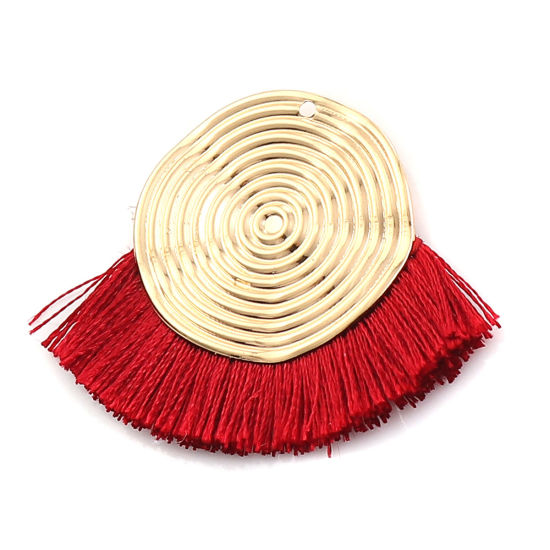 Picture of Polyester Tassel Pendants Spiral Gold Plated Wine Red 45mm(1 6/8") x 35mm(1 3/8"), 3 PCs